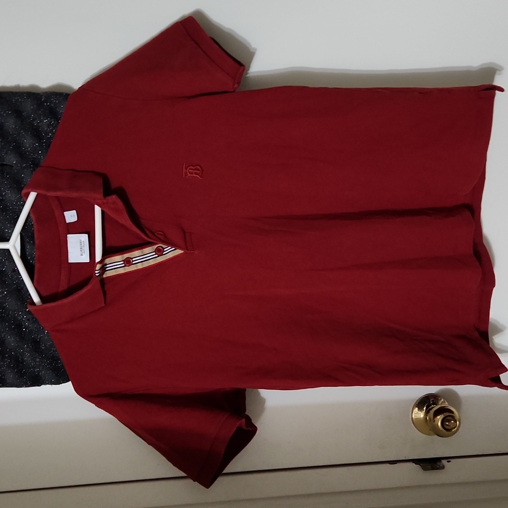 Burberry London Burgendy Embroidered Logo 1/4 Button Down Casual Polo Shirt